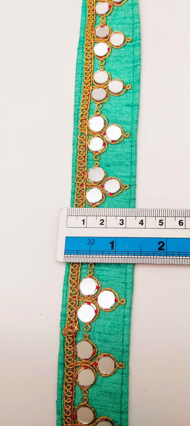 Cyan Blue Silk Trim With Mirrors Embellishments and Gold Embroidery, Approx. 34mm Wide, Decorative Trim Costume Trim Fashion Trim By Yard